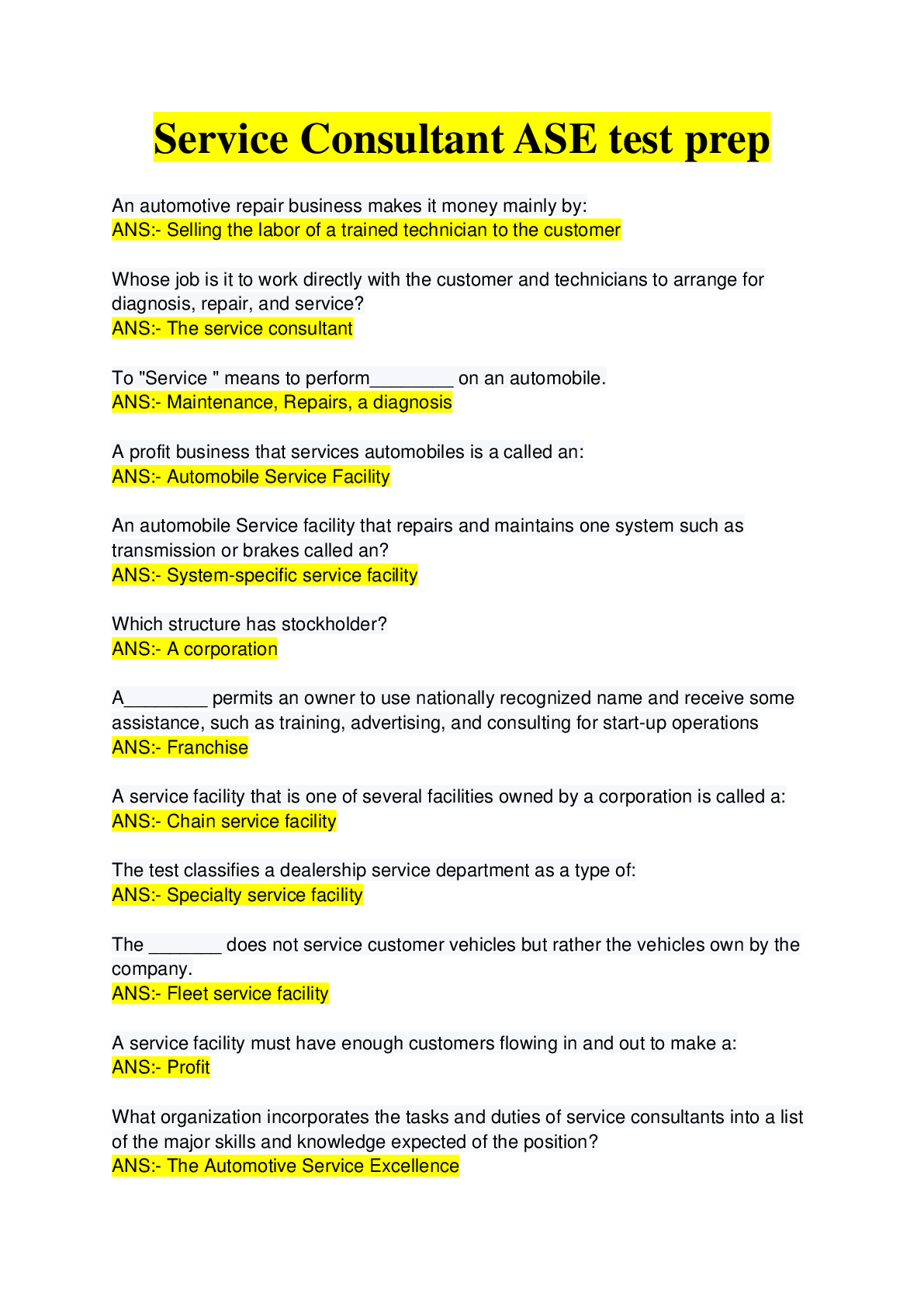 Preview image for Service Consultant ASE test prep / 2022